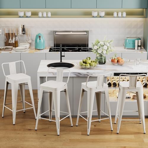 26" Counter Height Bar Stools Set of 4, Kitchen Side Chair Large Seat-White