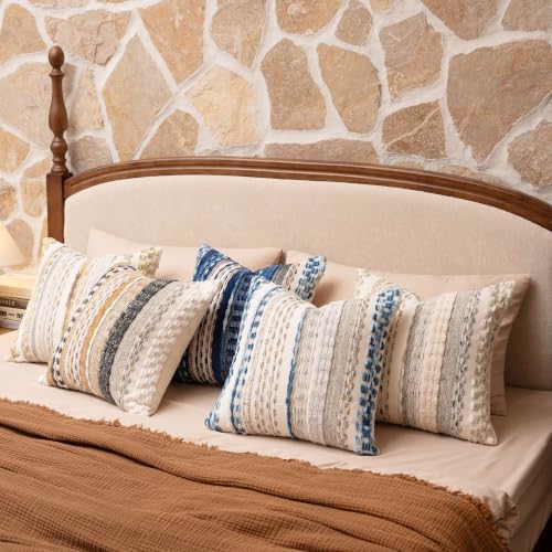 Boho Chenille Tufted Throw Pillow Covers 18x18 Inch Set of 2 Farmhouse Beige Woven Striped Decorative Pillowcases for Couch Sofa Bed