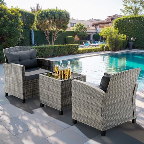 JAMFLY 3 Piece Wicker Patio Furniture Set - Outdoor Rattan Conversation Set with Soft Cushions & Glass Coffee Table for Balcony, Porch, Small Backyard - All Weather Grey Bistro Set, Grey