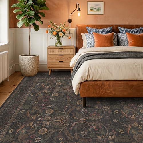Washable 8x10 Area Rugs for Living Room, Black and Brown Halloween Rug for Bedroom Dining Room, Moody Floral Farmhouse Western Style Decor, Large Gold Southwest Non Slip Low Pile Carpet (Dark Brown)