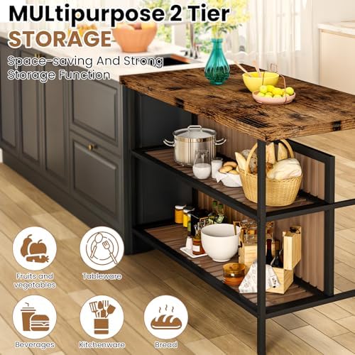 DKLGG Kitchen Island with Seating & Storage, Farmhouse Dining Table Set for 2, Space-Saving 3 Piece Dining Set Table & Chairs Island Table for Kitchen, Apartment, Dining Room, Rustic Brown