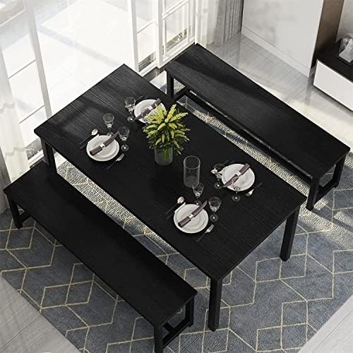 Dining Room Table Set with 2 Benches, Farmhouse Dining Table Set for 4-6, Wood Breakfast Table Set Dinner Table Set Kitchen Table and Chairs for Breakfast Nook Small Spaces, Black