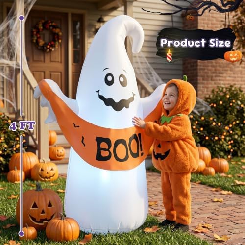 4FT Halloween Inflatable Ghost with Boo Banner,Bulit-in LEDs