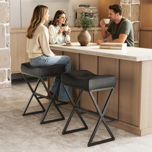 Counter Height Bar Stools Set of 3, Backless 26" Saddle Barstools, Black
