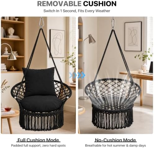 Athena Collection Macrame Hammock Chair with Mounting Hardware Kit, Black