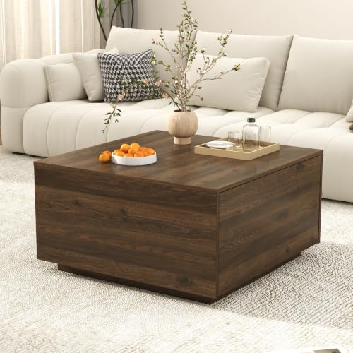 31 Inch Large Square Coffee Table with Storage,Wooden Coffee Table(Walnut)