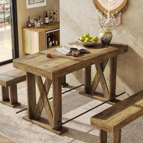 LITTLE TREE 63" Bar Table, Pub Table with Metal Footrest (Rustic Brown,1)
