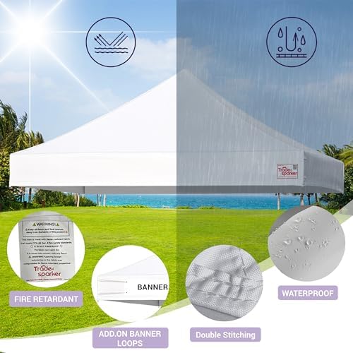 Tradesparker 10x20 Commercial Pop Up Canopy Replacement Top-Windproof D-Rings+Banner Grommets+Loop Pile Wall System,Ez Canopy Cover ONLY-Frame/Side Walls NOT Included(White)