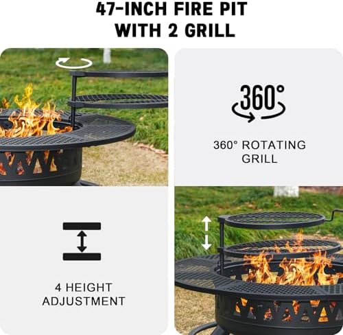 47 Inch Outdoor Fire Pit with 2 Grills, Wood Burning Large Fireplace Table