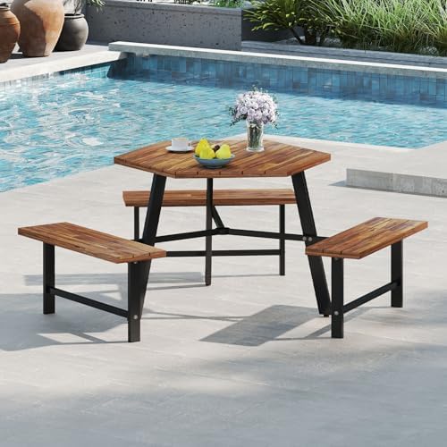 GIANTEX Picnic Table Bench Set for 6, Acacia Wood Outdoor Dining Table Set with 3 Seats, 1.97" Umbrella Hole, 1720 LBS Capacity, Heavy Duty Metal Frame, for Front Porch Patio Lawn Garden