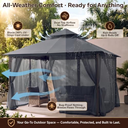 MASTERCANOPY 11x13 ft Stable Patio Gazebo with Netting Walls, Dark Gray