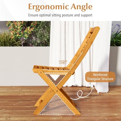 Tangkula 2 Pieces Folding Outdoor Dining Chairs, Acacia Wood Patio Chairs with Soft Cushions, Slatted Backrests and Seats, Outdoor Chairs for Porch, Balcony, Deck and Yard (One-Size,Beige,2)