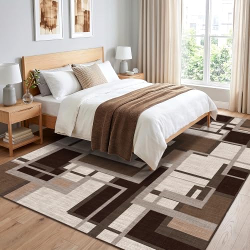 Modern Geometric 8x10 Area Rugs for Living Room, Coffee Brown Washable Rug