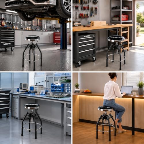 WORKPRO Heavy Duty Adjustable Hydraulic Shop Stool,Garage Bar Stool, 29in to 33.86in, 330-Pound Capacity, Black