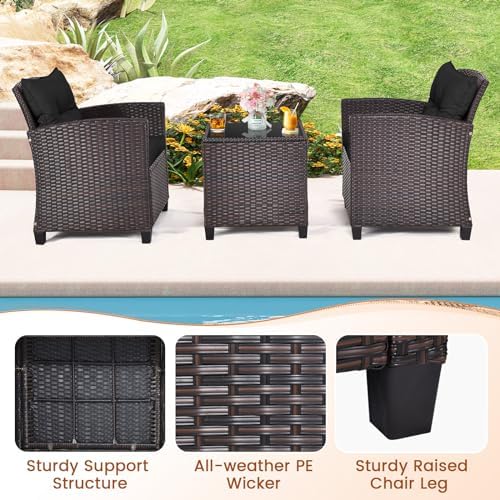 ORALNER 3 Pieces Patio Furniture Set, Outdoor Wicker Bistro Set (Black)