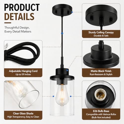 Black Farmhouse Clear Glass Cylinder Pendant Light, Modern Hanging Fixture (3 Pack)