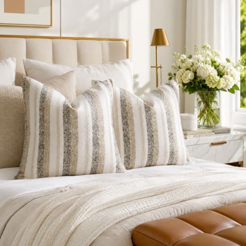 Zealax Modern Farmhouse Decorative Pillow Covers 20x20 Inch Boho Throw Pillows Neutral Soft Chenille Couch Cushion Covers, Set of 2 Velvet Striped Accent Pillows Cases for Sofa Bed Living Room, Beige