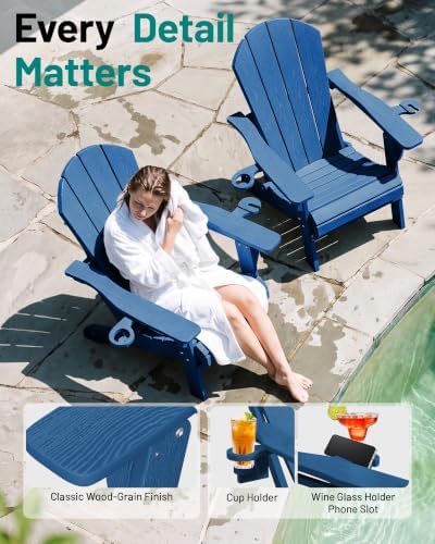 PLUUV Folding Adirondack Fire Pit Chairs Set of 2 with Cup Holders,Navy