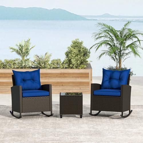 RELAX4LIFE 3-Piece Rocking Bistro Set - Rattan Wicker Rocking Chairs Set of 2 w/Soft Cushions, Glass Coffee Table, Outdoor Conversation Rocker for Porch Balcony, Small Patio Furniture (Brown-Navy)