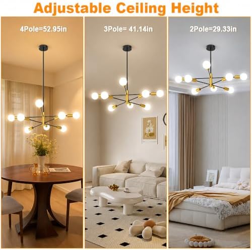 8 light sputnik chandelier, mid century modern adjustable shown in use