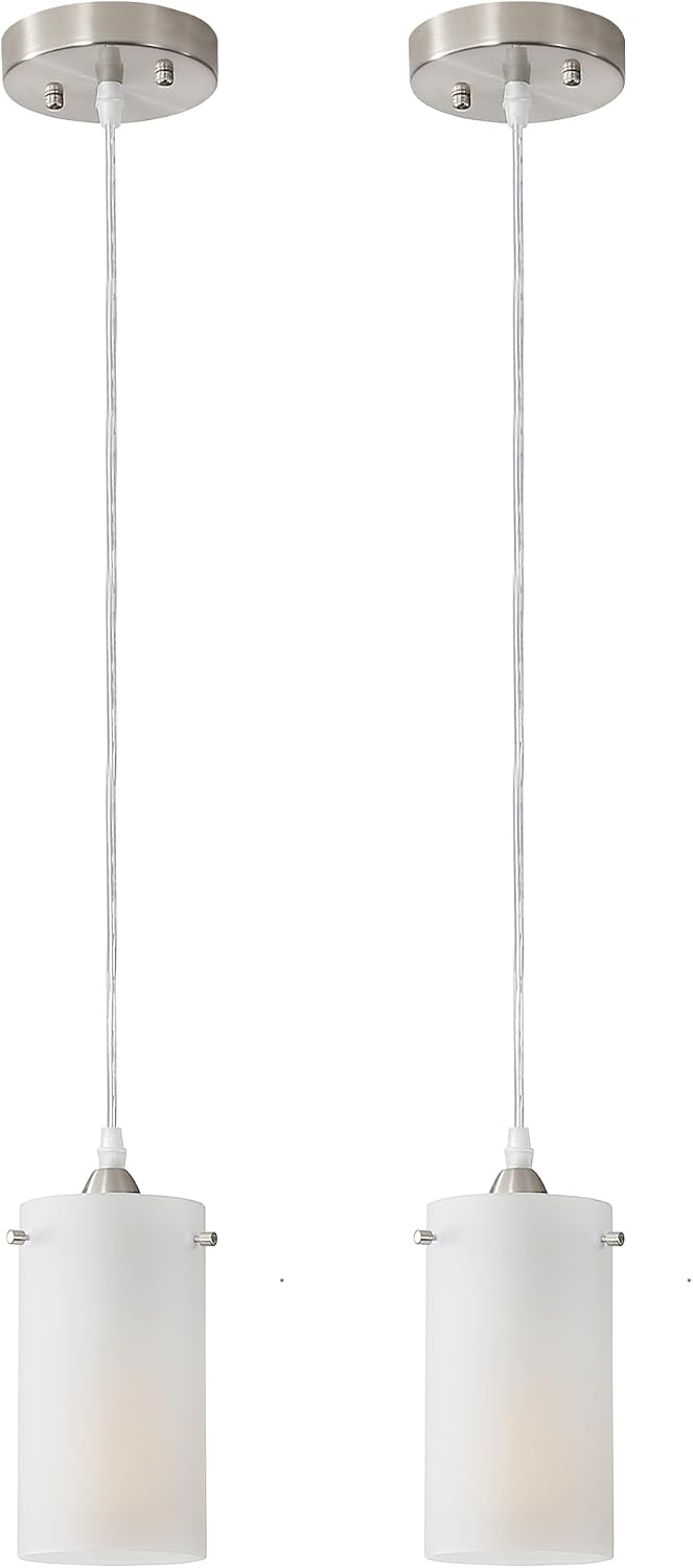 1-Light Mini Pendant Light Fixtures, Modern Chandelier Hanging Ceiling Light with White Frosted Shade, Brushed Nickel Pendant Lighting Adjustable Height, 2 Pack