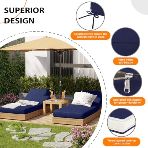 Olefin 6 Inch Thick Chaise Lounge Cushion, Patio Pad Navy Blue 72x21x6
