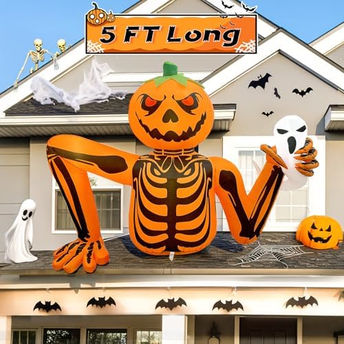 5FT Halloween Pumpkin Inflatable Skeleton with LED Light for Yard Garden