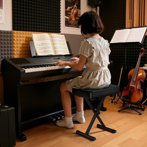 Adjustable X-Style Keyboard Bench,Thick Cushion,Folding X-Style Keyboard Bench,3-Position Height,Non-Slip & Height-Adjustable Rubber Feet,Black