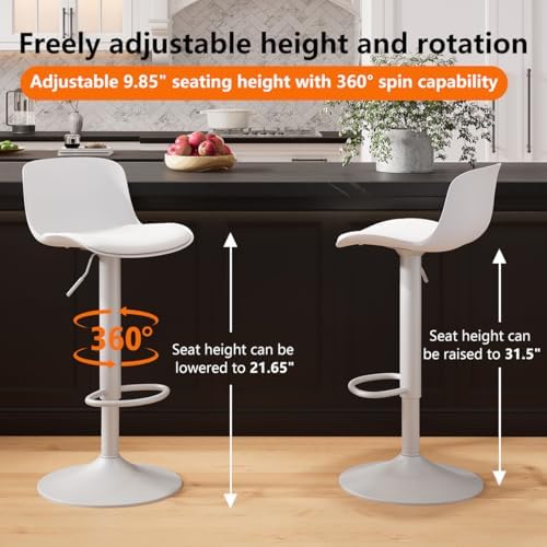 Kidol & Shellder Bar Stools Set of 2 Adjustable Swivel Counter Height Stools, Modern PU Leather Upholstered with Back Solid Color Barstools for Kitchen Island White
