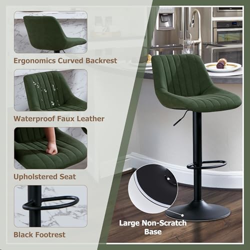 Barstools Set of 3, Adjustable PU Leather Swivel Bar Height Stools with Back, Armless Upholstered Counter Height Stools, Modern Adjustable Bar Chairs for Kitchen Island/Cafe/Dining Green