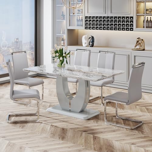 JUFU 7 Piece Dining Table Set for 6, 63 Inch Faux Marble Rectangular Kitchen Table and Chairs Set, Modern Dining Room Table Set with U-Shaped Pedestal Base & 6 Light Gray PU Leather Cantilever Chairs