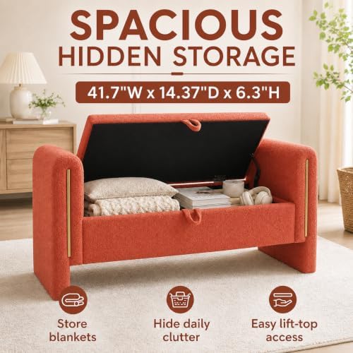 52" Upholstered Storage Bench, Orange, Armrests, Wood Frame