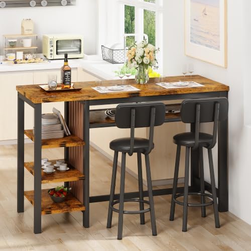 DKLGG 3-Piece Bar Table and Chairs Set, Counter Height Dining Table Set with Storage & 2 Upholstered Stools, Hightop Kitchen Bar Table for Small Space, Pub & Bistro