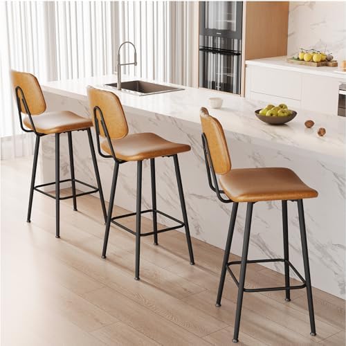 Raynesys 29-Inch Leather Bar Stools Set of 3 with High Backrest, Brown