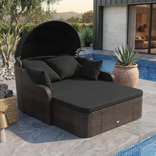 Tangkula PE Rattan Patio Daybed with Retractable Canopy, Double Lounge Bed