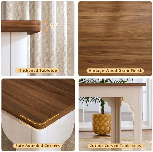 HUAHUU 63" Farmhouse Dining Table Set for 4-6, Kitchen Table with 2 Benches, Space Saving 3-Piece Rectangle Wooden Dinette Table Set for Dining Room, Breakfast Nook, Small Space, Brown & White