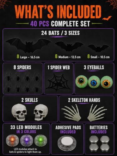 41 PCS 3D LED Halloween Bats Wall Decor with Spiders, Web & Skulls
