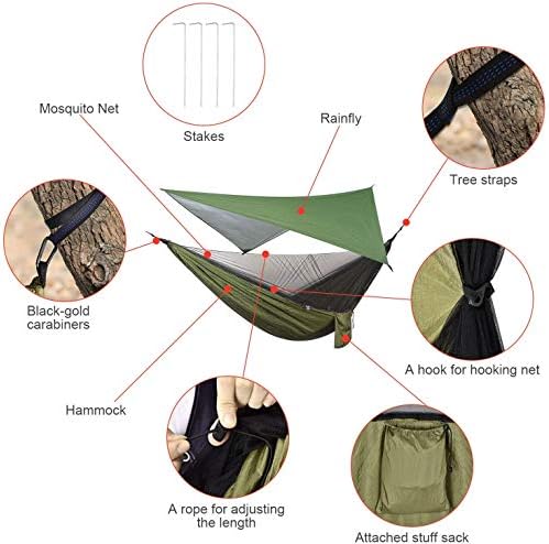 Camping Hammock with Rain Fly Tarp and Mosquito Net Tent Tree Straps, Portable Single Double Nylon Parachute Hammock Rainfly Set for Backpacking Hiking Travel Yard Outdoor Activities Green