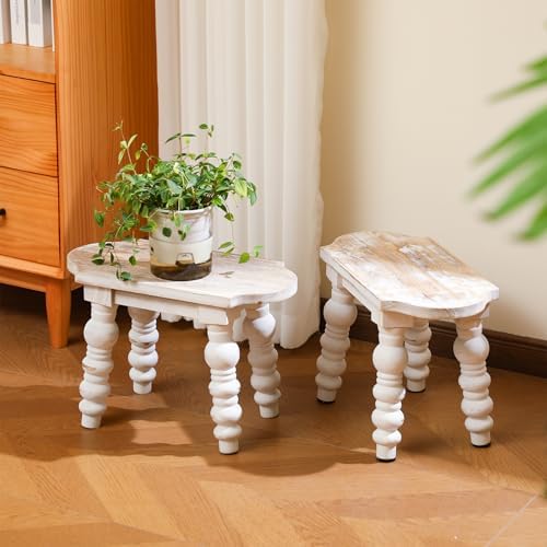 Reallnaive 2 Pack Wooden Foot Stool Vintage Farmhouse Small Plant Stand