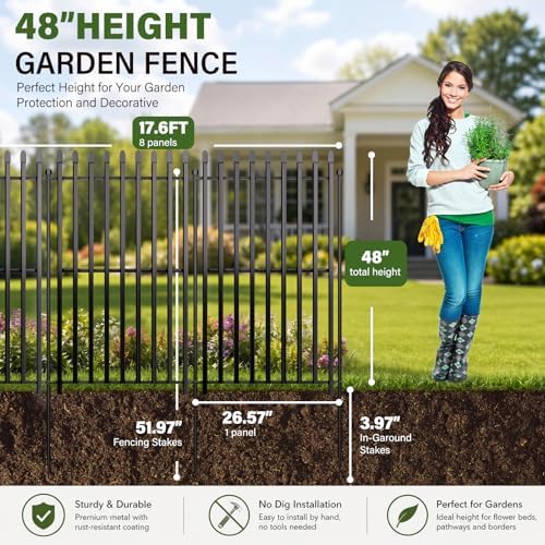 No Dig Decorative Garden Fence, 48in(H)×17.6ft(L), 8 Panels with Gate