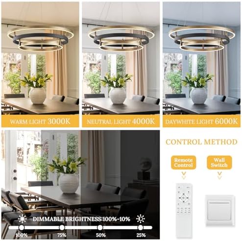 3 Ring LED Chandelier Modern Chandeliers Black Gold Brass Dimmable 24''