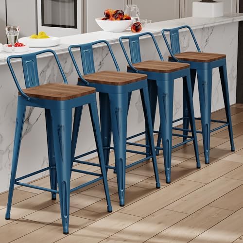 26" Barstools Set of 4 Counter Height Bar Stools Side Chair-Distressed Navy