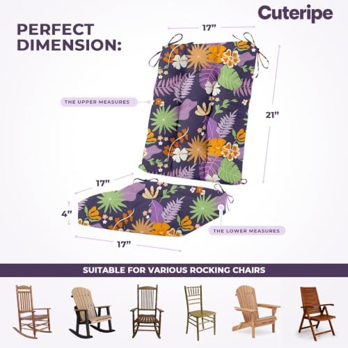 Outdoor Waterproof Rocking Chair Cushions Set of 2, Premium Oxford Patio Chair Cushions Backed Bottom Thick Cotton Rocking Chair Pads 2pcs Set of Upper and Lower with Ties, Purple Flower