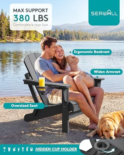 SERWALL Folding Adirondack Chair with Cup Holder Set of 4, Fire Pit - Gray