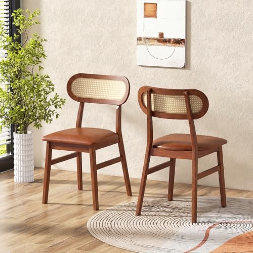 GOFLAME Wooden Dining Chairs Set of 4, Mid-Century Modern Kitchen Chairs with Upholstered Seat & Rattan Backrest, Faux Leather Cover, Armless Side Chairs for Kitchen, Dining Room, Restaurant, Espresso