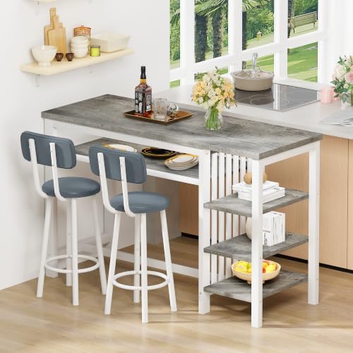 DKLGG 3-Piece Bar Table and Chairs Set, Counter Height Dining Table Set with Storage & 2 Upholstered Stools, Hightop Kitchen Bar Table for Small Space, Pub & Bistro