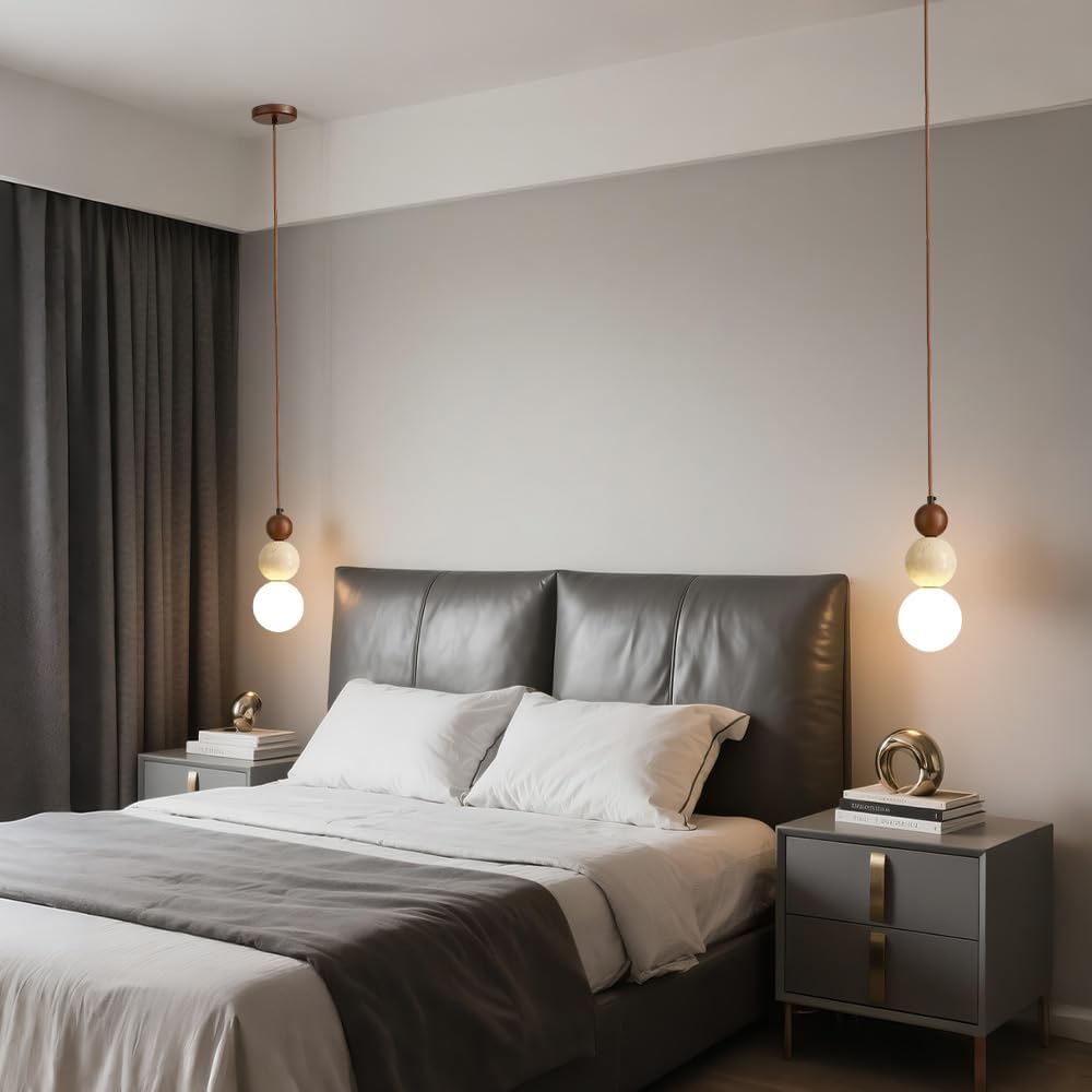 Modern Natural Stone Pendant Light, Frosted White Glass Spherical Hanging Light, Indoor Suspension Pendant Lamp for Bedroom Kitchen Island Dining Room Bar
