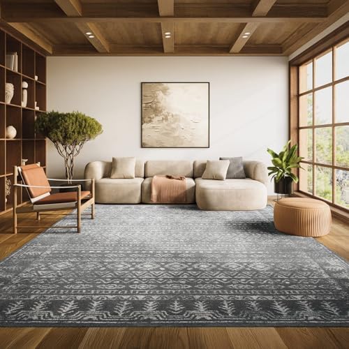 SAFAVIEH Area Rug 9x12 - Tulum Collection - Large - Dark Grey & Ivory, Moroccan Boho Distressed Design, Non-Shedding & Easy to Clean, Ideal for Living Room, Bedroom, Dining Space (TUL271F)
