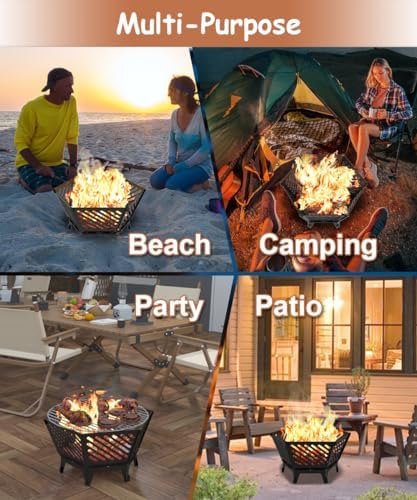 22.5 Inch Portable Hexagon Fire Pit with Travel Bag — Smokeless Patented Design Outdoor Wood Burning Fire Pit for Camping, Backyard, Patio, Bonfire, Picnic and BBQ, Diagonal Hollow Style