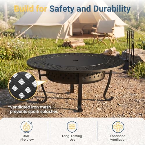 43" Large Fire Pit for Outside with 2 Adjustable Grills,Lid & Fire Poker